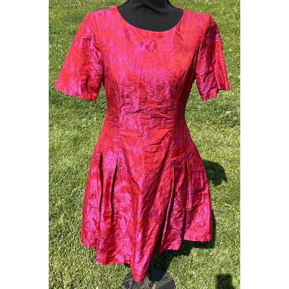 Bigio Collection Dress Womens 4 Red Fuchsia Metallic Jacquard Fit & Flare Short - Picture 5 of 16